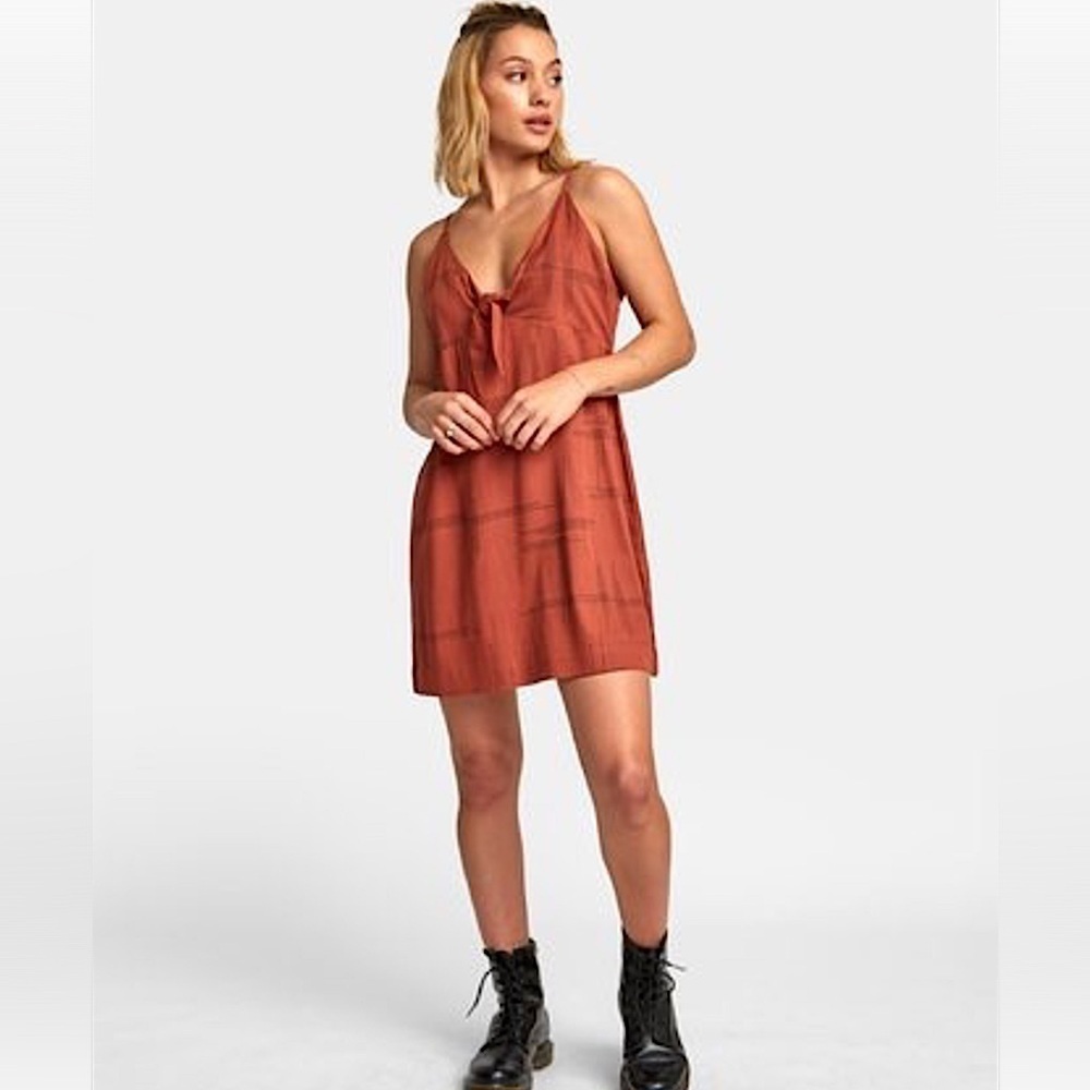 NWT RVCA Capital Knot Plaid Mini Dress Rust Tie Front Sleeveless Size L